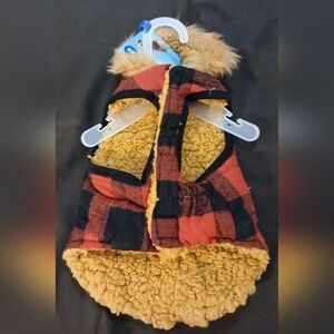 NWT Vibrant Red & Black Buffalo Plaid Small Pet Jacket with Faux Fur Trim